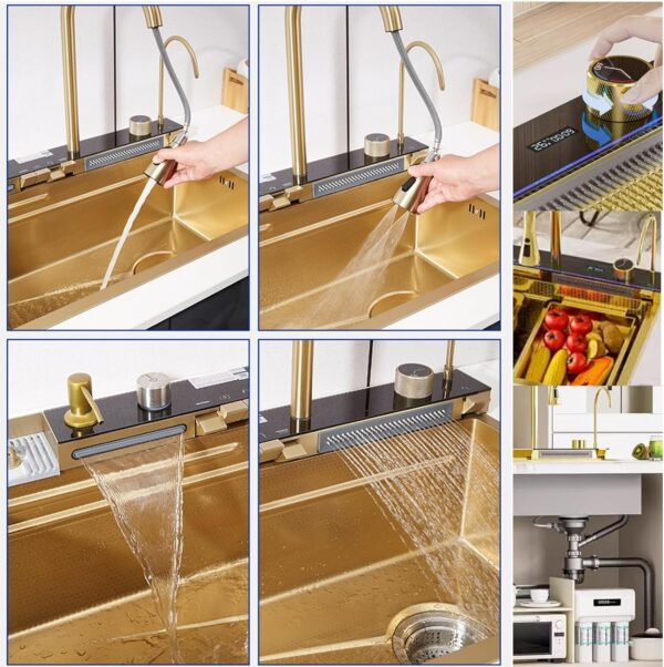 Golden Multifunctional 304 Stainless Steel Kitchen Sink with Smart Faucet - Image 5