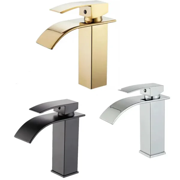 Flat Spout Golden Waterfall Basin Mixer Tap - Image 2